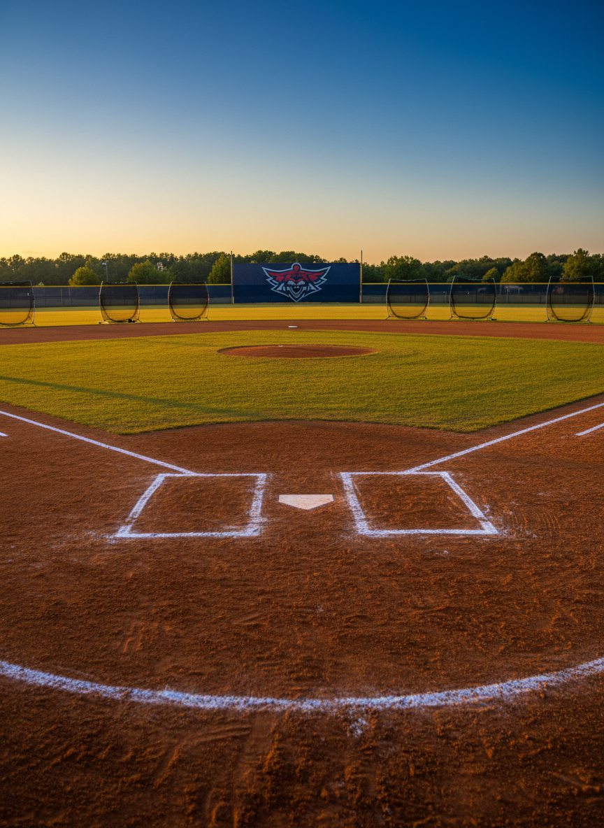 A pristine, freshly chalked youth baseball infield at Valor Baseball Academy, the reddish-brown Georgia clay smooth and carefully groomed, crisp white baselines cutting sharp angles across the diamond. Empty, perfectly aligned training nets and L-screens stand in the outfield, and a stylized warrior-mascot banner hangs beyond the fence without readable text, using bold red, navy, and silver shapes. Captured in photographic realism from a slightly elevated home-plate perspective at golden hour, warm sunlight rakes across the field, casting long, dramatic shadows from each piece of equipment. The sky glows in deep blue and amber tones, creating an atmosphere of intense focus and anticipation. The composition uses the rule of thirds, with sharp detail in the foreground dirt texture and a subtly blurred tree line of Cherokee County, Georgia in the distance.