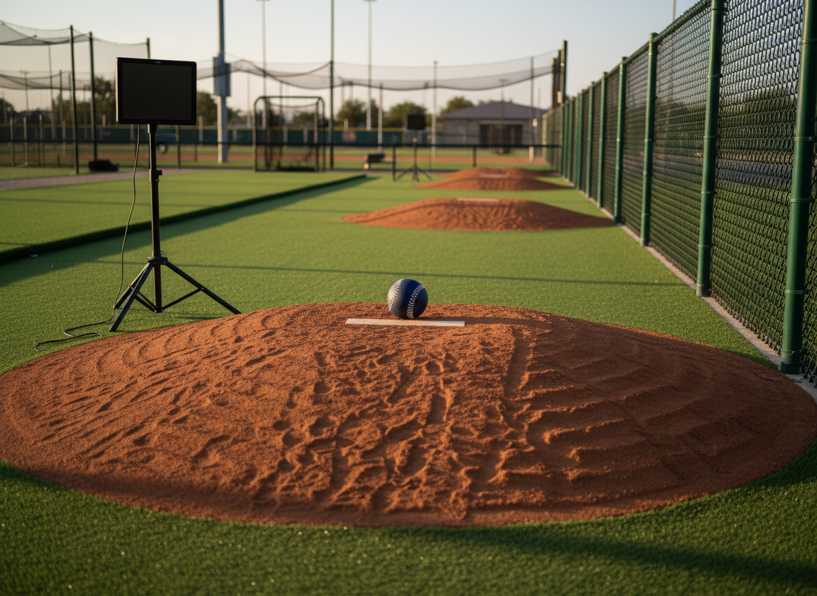 A dramatic, low-angle photographic image of a pitching practice mound on a dedicated bullpen lane at Valor Baseball Academy. The raised clay mound is meticulously sculpted with clear toe marks and textured ridges, framed by bright green artificial turf and a sturdy, dark green bullpen fence. A radar display stand without readable numerals and a weighted training ball resting at the front edge hint at advanced coaching. Strong side lighting from late afternoon sun streams in from the right, creating bold contrast and long, defined shadows that emphasize the mound’s height and texture. The background is softly blurred but reveals multiple parallel bullpen lanes, suggesting a serious, high-performance environment. The mood is intense and focused, with a clean, modern, razor-sharp composition that highlights mechanics, repetition, and effort.