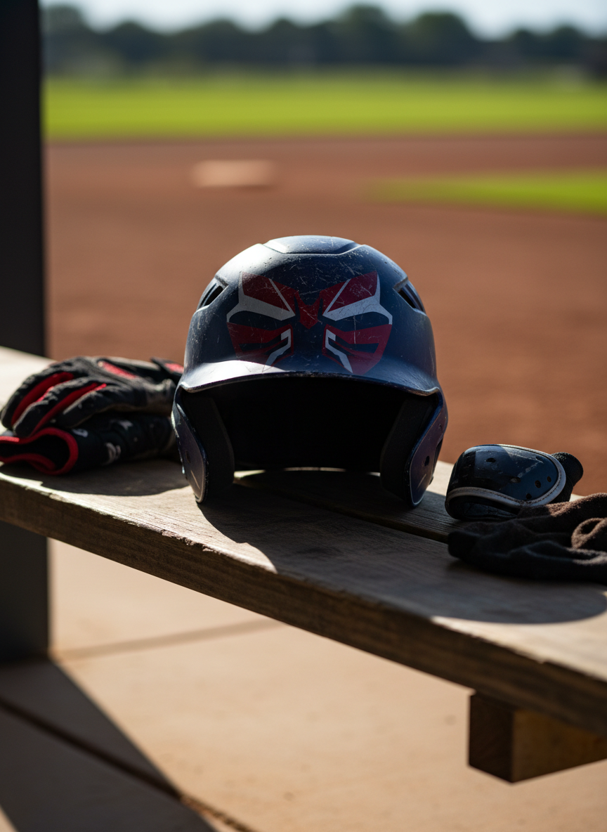 baseball academy A powerful, close-up photographic shot of a stylized warrior baseball helmet resting on the dugout bench at Valor Baseball Academy. The matte navy shell has subtle scuffs from heavy use, accented with deep red and metallic silver geometric patterns suggesting a fierce warrior mascot, without any text or logos. The helmet sits on a weathered wooden bench, with neatly arranged batting gloves, wrist guards, and a pine tar rag nearby. Sunlight slants in through the dugout opening, creating a dramatic diagonal beam that illuminates the helmet’s contours and casts strong, angular shadows on the bench. The background, softly blurred, shows a hint of the baseball field’s infield dirt and green grass. Shot at eye level with shallow depth of field, the mood is bold, gritty, and battle-ready, symbolizing attitude, effort, and focus.