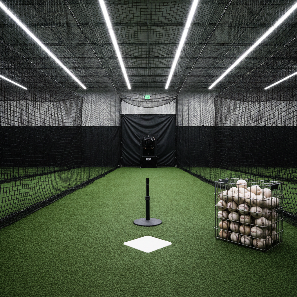 A high-intensity photographic scene of an empty, state-of-the-art indoor batting cage lane at Valor Baseball Academy, devoid of people but filled with dynamic energy. A youth-sized tee stands centered on a bright white home plate cut into deep green turf, with a basket overflowing with slightly scuffed baseballs nearby. Heavy black netting hangs in perfect vertical lines along both sides, receding into the distance, while a large, padded backstop and a pitching machine silhouette anchor the far end. Overhead LED strip lights run the length of the lane, creating strong, linear highlights on the turf and netting and casting bold, rhythmic shadows. Captured from low at home plate looking straight down the cage, with strong leading lines and sharp focus, the atmosphere is intense, focused, and purpose-driven, ideal for serious youth training.