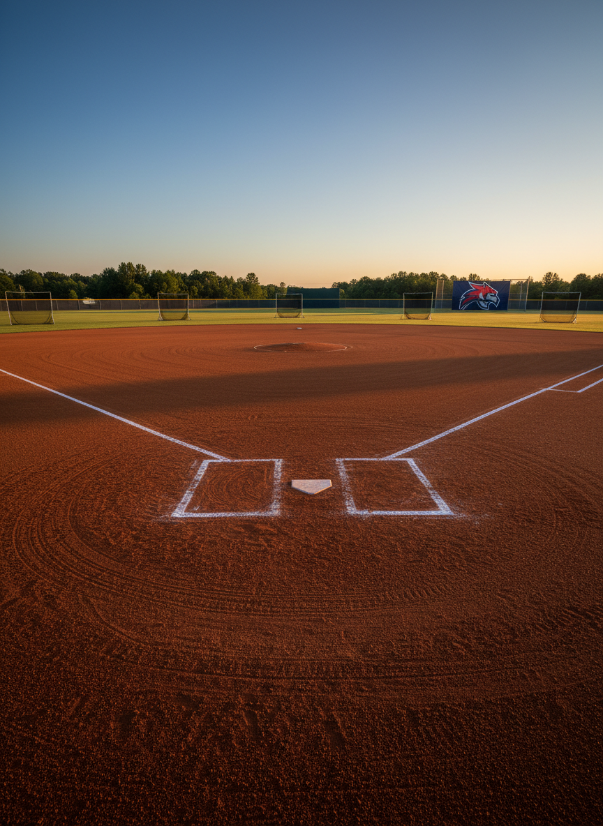 A pristine, freshly chalked youth baseball infield at Valor Baseball Academy, the reddish-brown Georgia clay smooth and carefully groomed, crisp white baselines cutting sharp angles across the diamond. Empty, perfectly aligned training nets and L-screens stand in the outfield, and a stylized warrior-mascot banner hangs beyond the fence without readable text, using bold red, navy, and silver shapes. Captured in photographic realism from a slightly elevated home-plate perspective at golden hour, warm sunlight rakes across the field, casting long, dramatic shadows from each piece of equipment. The sky glows in deep blue and amber tones, creating an atmosphere of intense focus and anticipation. The composition uses the rule of thirds, with sharp detail in the foreground dirt texture and a subtly blurred tree line of Cherokee County, Georgia in the distance.