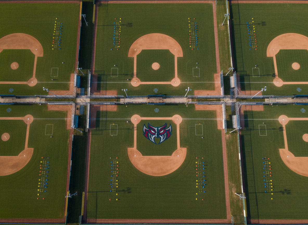 An overhead, wide-angle photographic view of multiple adjacent outdoor training fields at Valor Baseball Academy in Cherokee County, Georgia, each diamond clearly defined with bright white chalk lines and rich green grass. Portable mounds, bullpen areas, and organized rows of training cones and ladders create geometric patterns across the facilities. A stylized, non-text warrior emblem is painted behind home plate on the main field, using strong angular shapes and aggressive lines in navy, red, and metallic gray. Late afternoon sunlight casts clean, defined shadows from fences and foul poles, emphasizing the structure and order of the complex. The camera is positioned high above, capturing the entire layout with sharp focus throughout. The atmosphere feels ambitious and professional, highlighting scale, organization, and the academy’s commitment to excellence in youth baseball development.