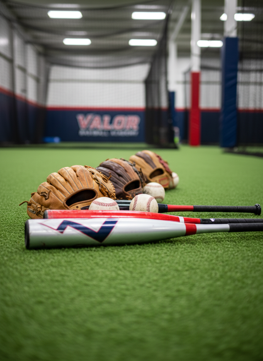 A close-up photographic image of a collection of youth-sized baseball gear neatly arranged on the edge of an indoor training turf at Valor Baseball Academy. A row of well-worn leather gloves in different rich brown tones, scuffed white baseballs with red stitching, and gleaming aluminum bats with bold red and navy accents rest on bright green synthetic turf. In the background, large netted batting cages and padded walls in team colors fade into a soft blur, suggesting a spacious, modern facility. Overhead LED lights create crisp, even illumination, producing subtle reflections on metal bat barrels and pronounced texture in the leather gloves. Shot from a low, eye-level angle along the gear, with shallow depth of field, the mood is bold, energetic, and all-business, emphasizing preparation, discipline, and high-level training.
