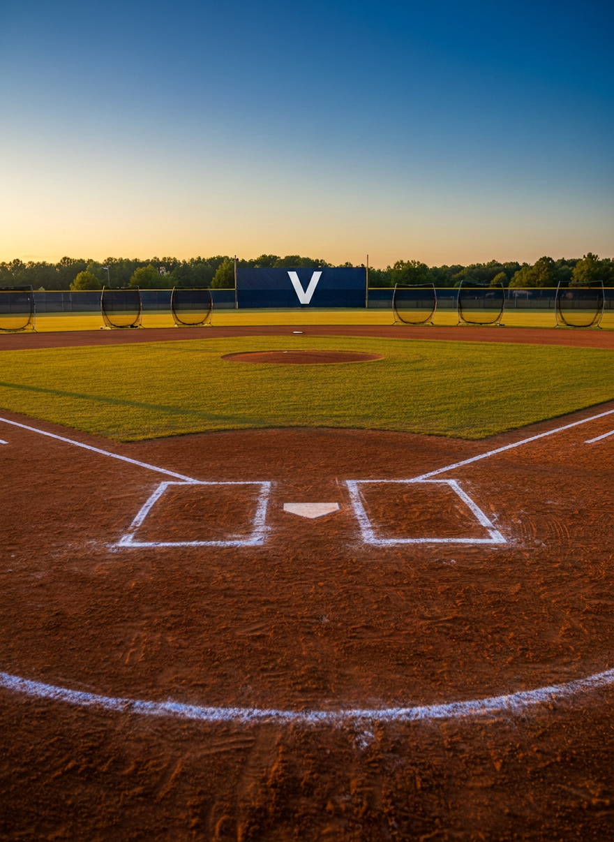 baseball academy A pristine, freshly chalked youth baseball infield at Valor Baseball Academy, the reddish-brown Georgia clay smooth and carefully groomed, crisp white baselines cutting sharp angles across the diamond. Empty, perfectly aligned training nets and L-screens stand in the outfield, and a stylized warrior-mascot banner hangs beyond the fence without readable text, using bold red, navy, and silver shapes. Captured in photographic realism from a slightly elevated home-plate perspective at golden hour, warm sunlight rakes across the field, casting long, dramatic shadows from each piece of equipment. The sky glows in deep blue and amber tones, creating an atmosphere of intense focus and anticipation. The composition uses the rule of thirds, with sharp detail in the foreground dirt texture and a subtly blurred tree line of Cherokee County, Georgia in the distance.